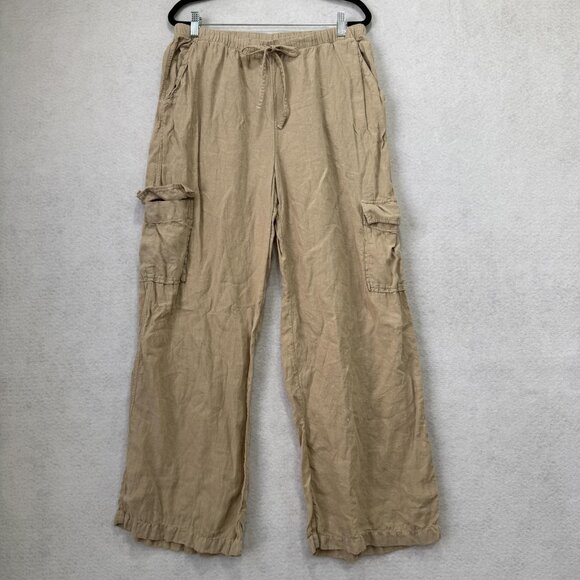 Caslon Pants Womens Medium Beige Linen Cargo Drawstring Wide Leg Pockets Relaxed - Picture 1 of 10